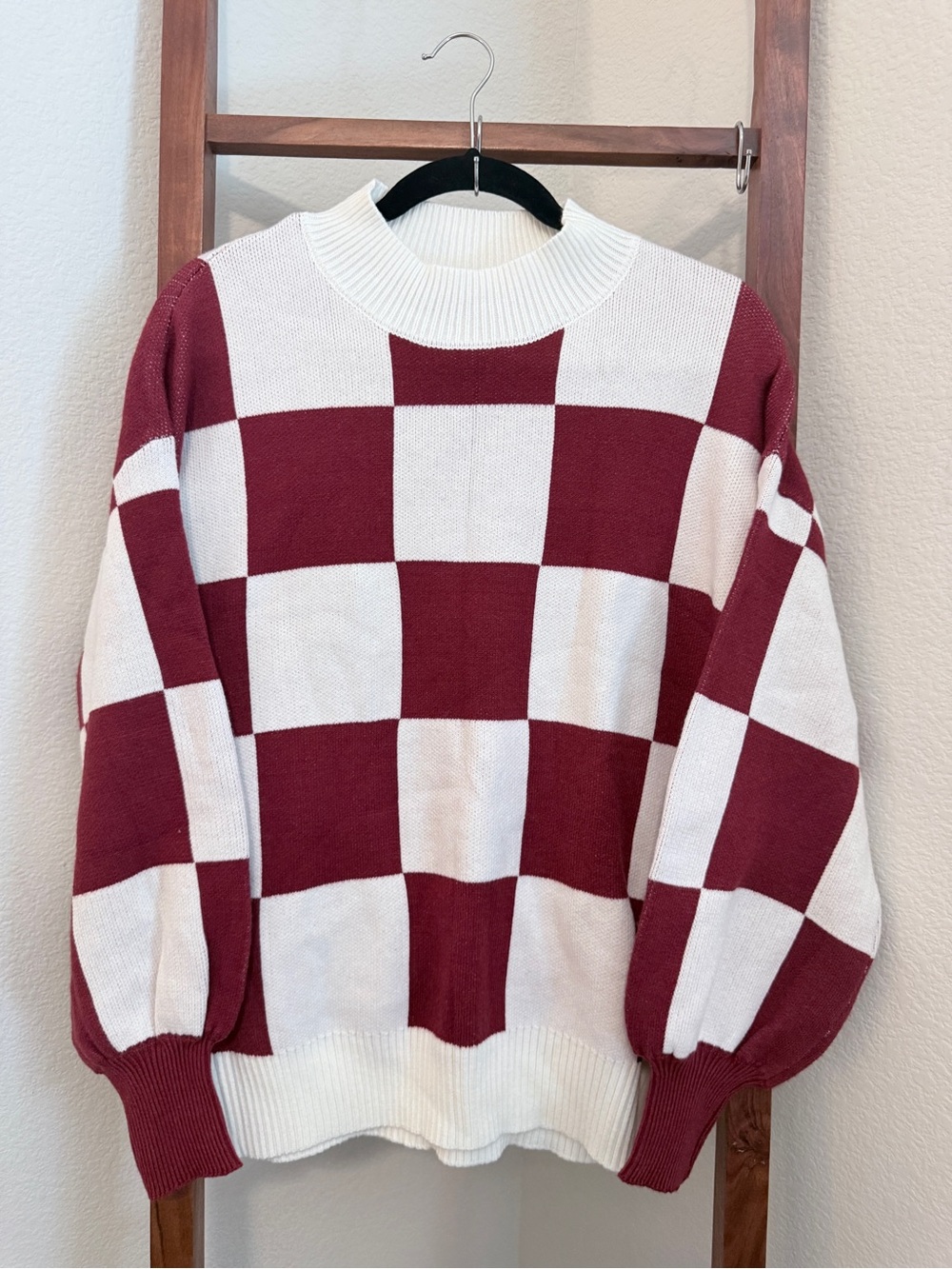 Checkerboard Crewneck Sweater in Burgundy and White